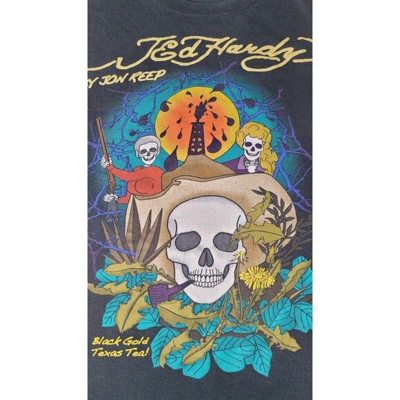 Ed Hardy by Jon Reep T-Shirt Black Gold‎ Texas Tea Skull Cowboy Graphic Tee SZ L - Picture 8 of 12